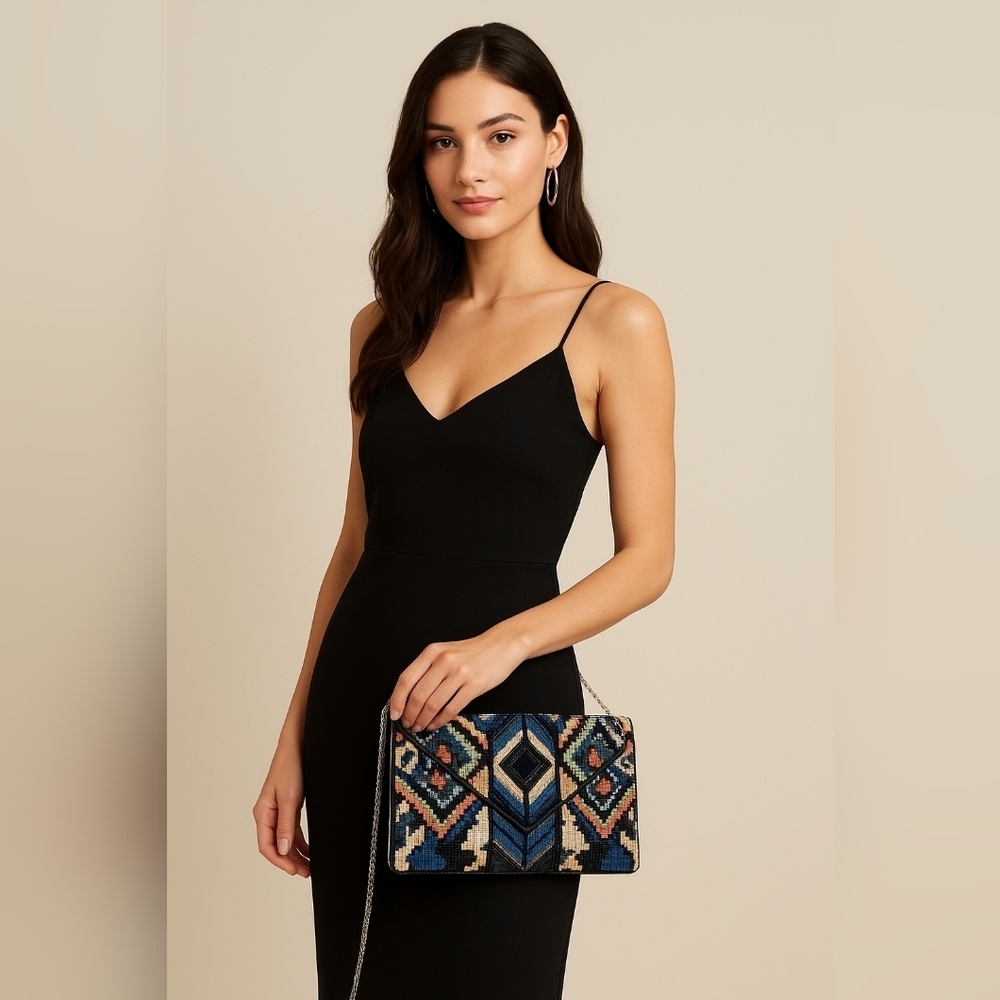New Look Beaded Geometric Envelope Clutch with Chain Strap